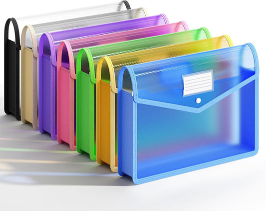 A323  7 Pack Plastic Expanding File Folder, Transparent envelopes with Snap Closure,No Dividers,Large Capacity,Assorted Colors,Bills&Taxes,Letter/A4 Size for School/Office/Home