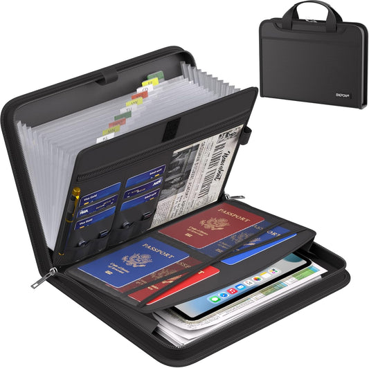 A326  ENGPOW Accordion File Organizer, Fireproof Expanding File Folder with 13 Pockets Document Organizer with Handle & Labels, Portable Home Travel Safe Storage for Letter A4 Files and More, Black