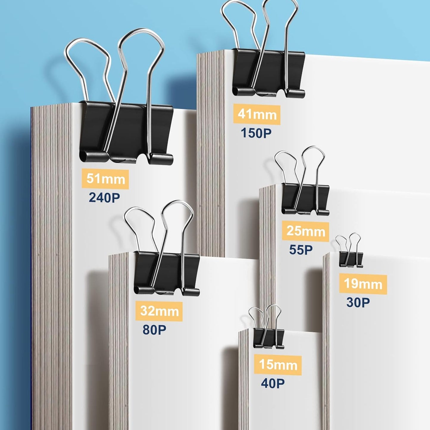 A324  208 PCS Binder Clips Paper Clamps Assorted Sizes, Metal Paper Binder Clip, Black Binding Paperwork Clamp Bulk, School Teachers Office Supplies