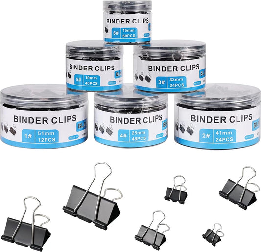A324  208 PCS Binder Clips Paper Clamps Assorted Sizes, Metal Paper Binder Clip, Black Binding Paperwork Clamp Bulk, School Teachers Office Supplies