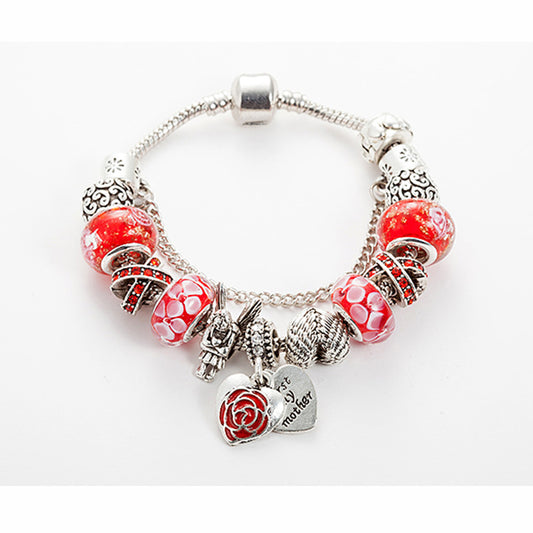 Red Glass Bead Bracelet Angel Heart-Shaped Large-Hole Alloy Bead Bracelet