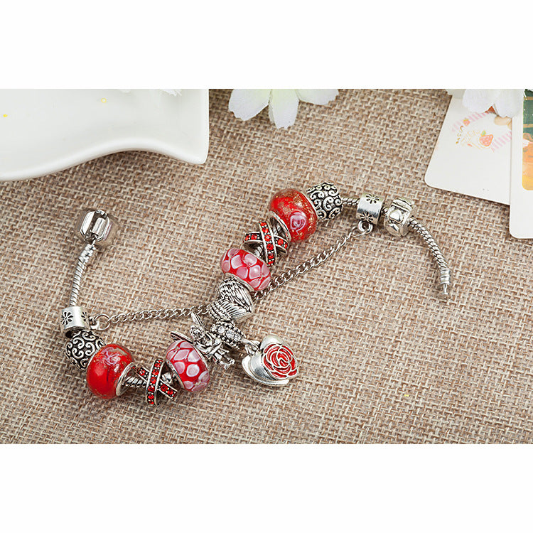 Red Glass Bead Bracelet Angel Heart-Shaped Large-Hole Alloy Bead Bracelet