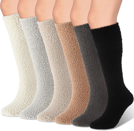 6 Pairs Knee High Cozy Fuzzy Socks for Women Soft Warm Long Pl