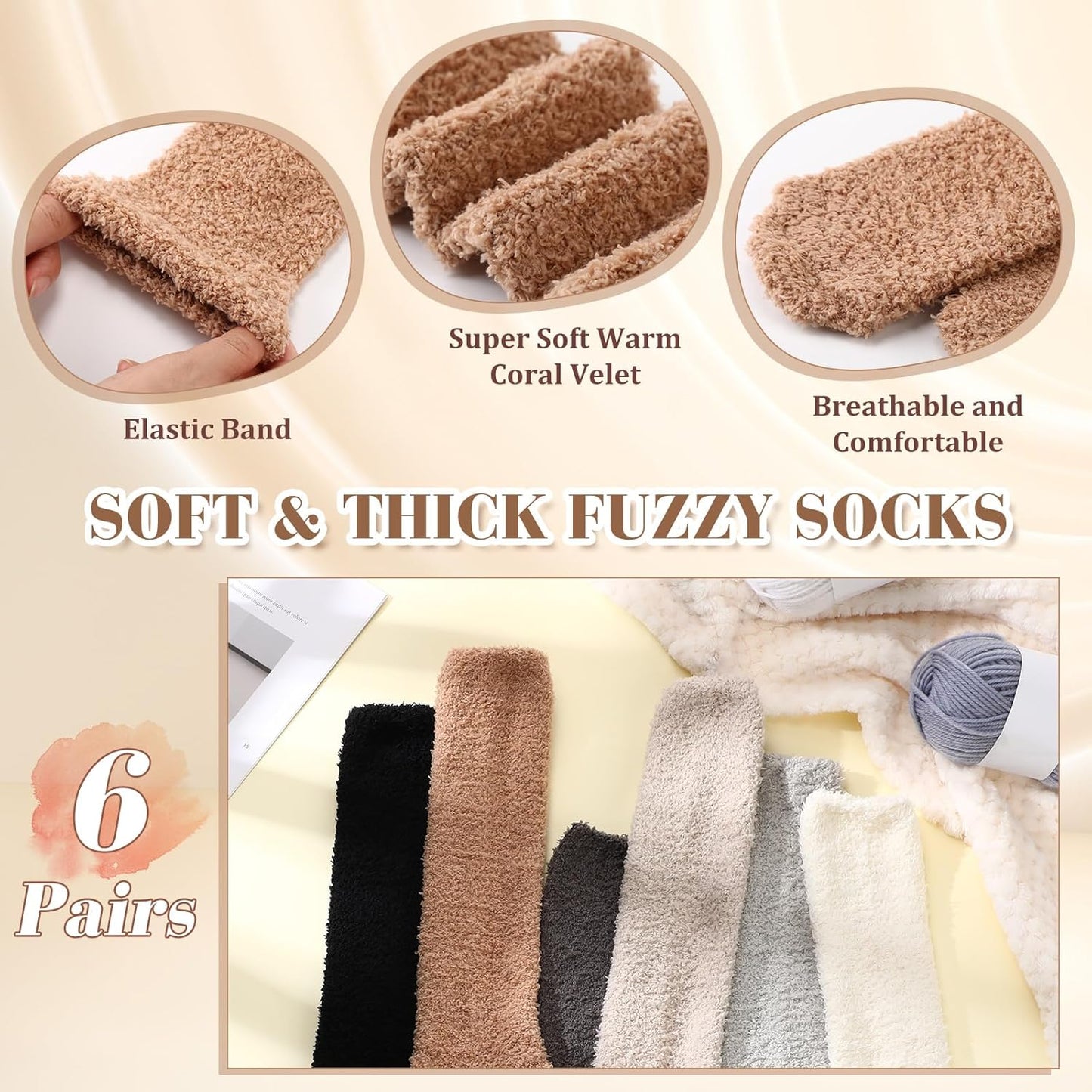 6 Pairs Knee High Cozy Fuzzy Socks for Women Soft Warm Long Pl