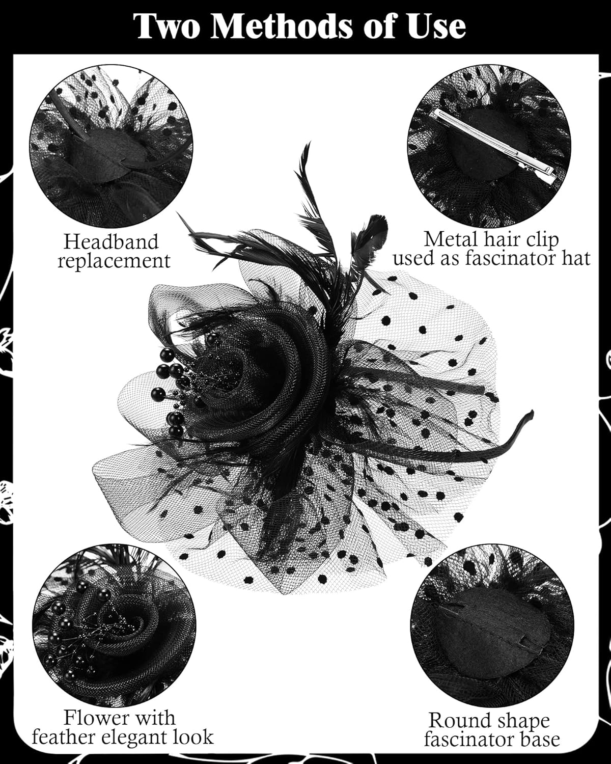 A364  - 6 Pcs Fascinators Hat Tea Party Headwear Mesh Ribbons Feather on a Headband and a Clip Derby Flower Hat for Girl Women