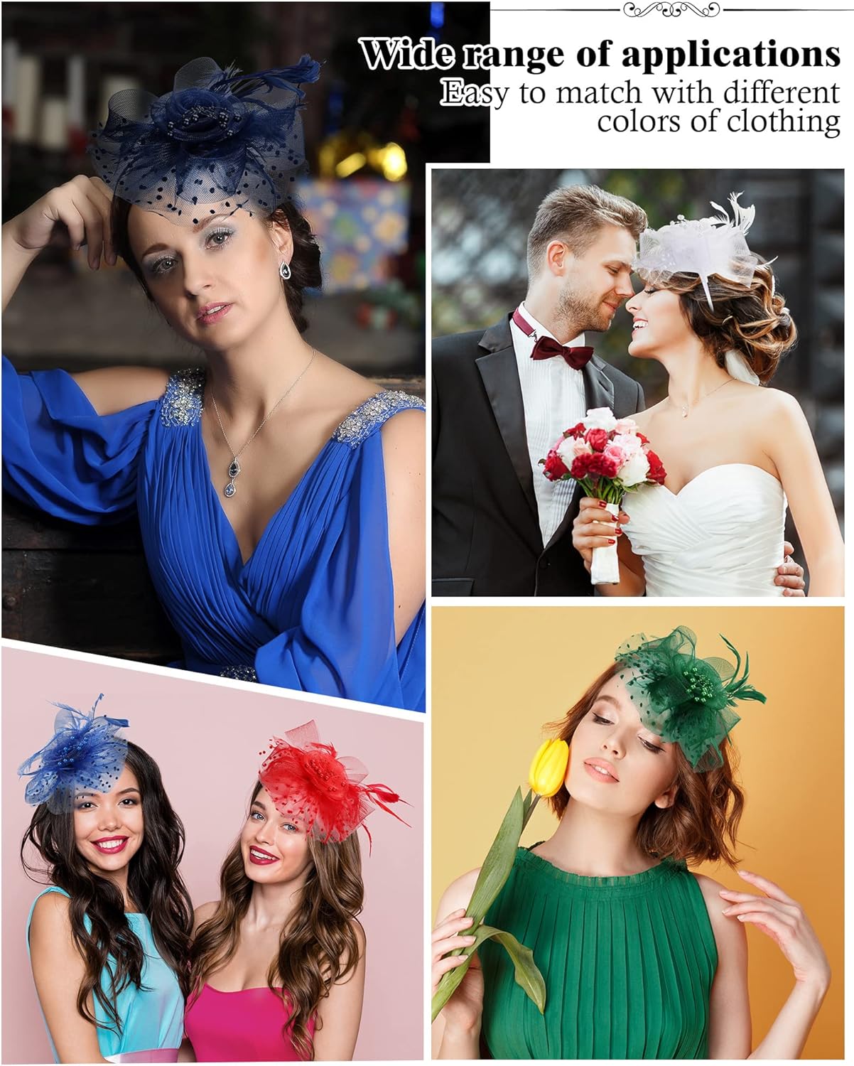 A364  - 6 Pcs Fascinators Hat Tea Party Headwear Mesh Ribbons Feather on a Headband and a Clip Derby Flower Hat for Girl Women