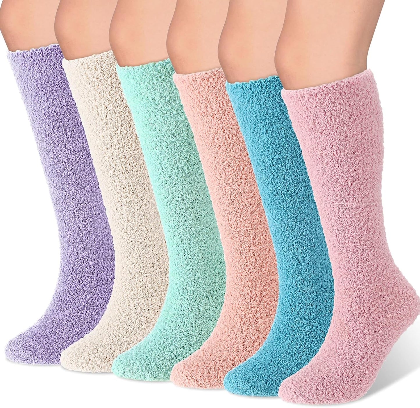 6 Pairs Knee High Cozy Fuzzy Socks for Women Soft Warm Long Pl