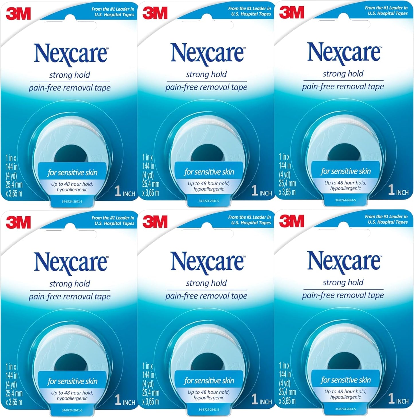 Nexcare Sensitive Skin Low Trauma Tape, 6 Count – Gentle Adhesive Medical Tape for Fragile or Delicate Skin, Hypoallergenic & Latex-Free, Ideal for Post-Surgery Care, Pediatric Use, Frequent Changes