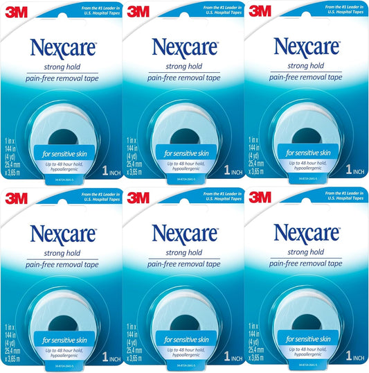 Nexcare Sensitive Skin Low Trauma Tape, 6 Count – Gentle Adhesive Medical Tape for Fragile or Delicate Skin, Hypoallergenic & Latex-Free, Ideal for Post-Surgery Care, Pediatric Use, Frequent Changes