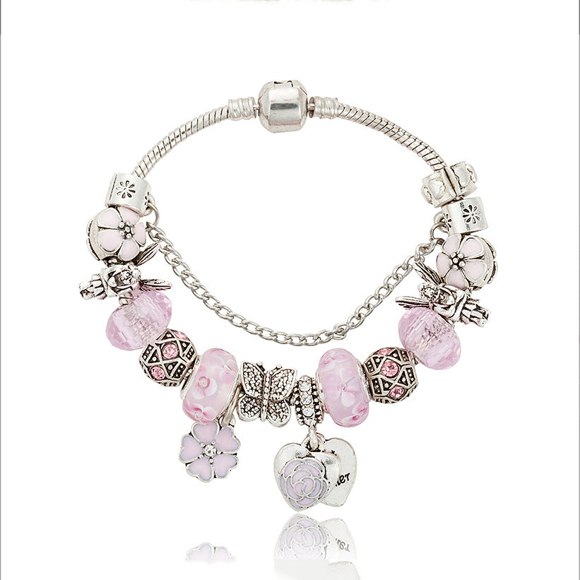 Pink Dripping Flower Crystal Glass Bead Bracelet Angel Heart-Shaped Pendant Bracelet