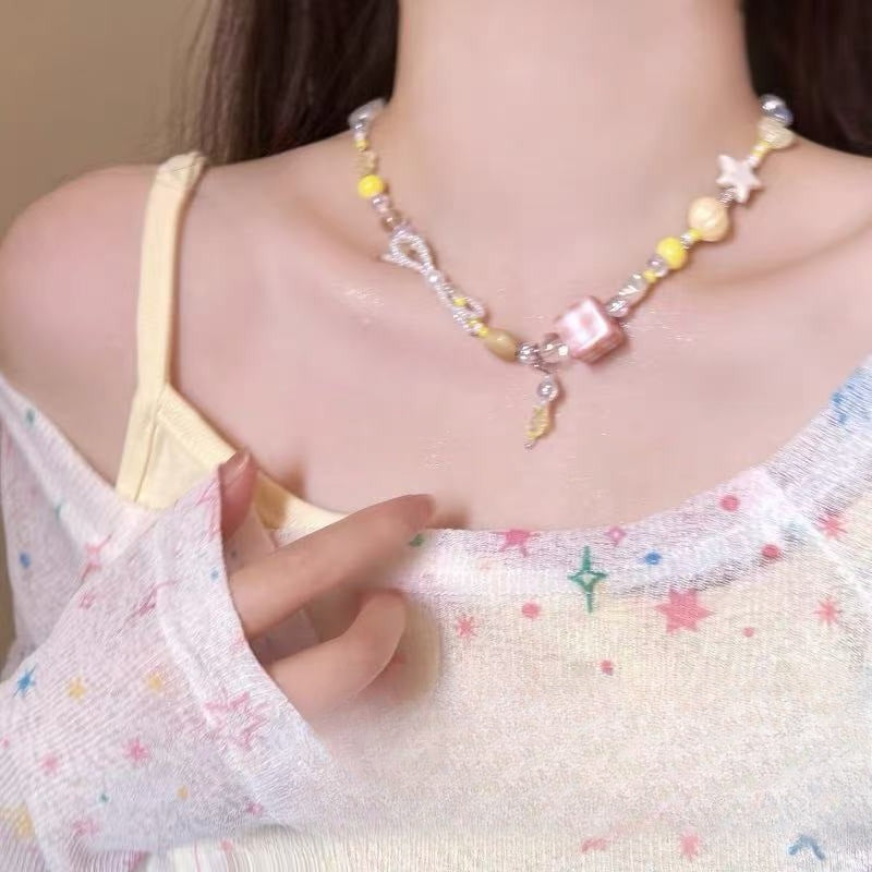A301  Fashion Dopamine Beaded Cat Necklace, Personality Sweet Style All-Match Choker Jewelry