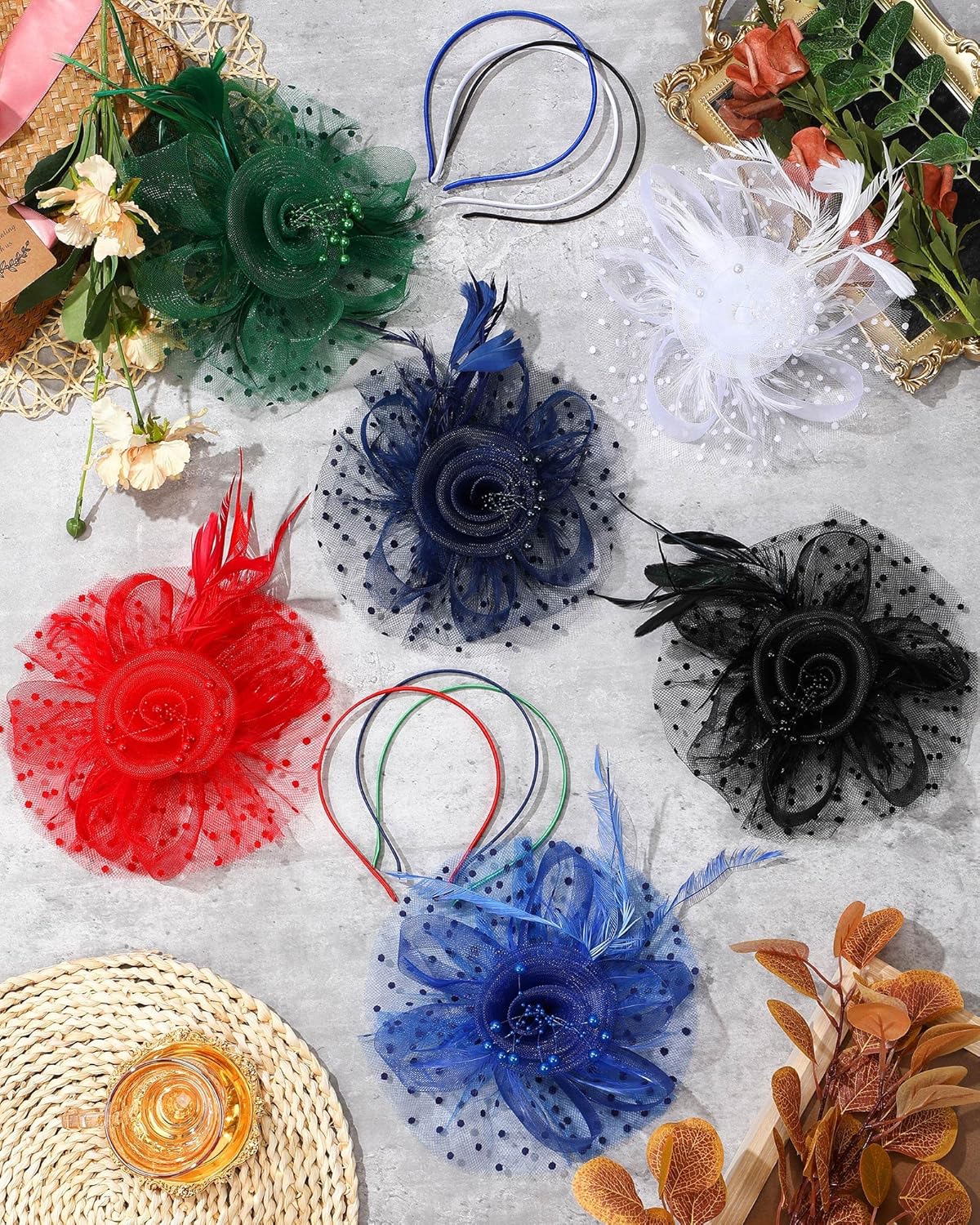 A364  - 6 Pcs Fascinators Hat Tea Party Headwear Mesh Ribbons Feather on a Headband and a Clip Derby Flower Hat for Girl Women