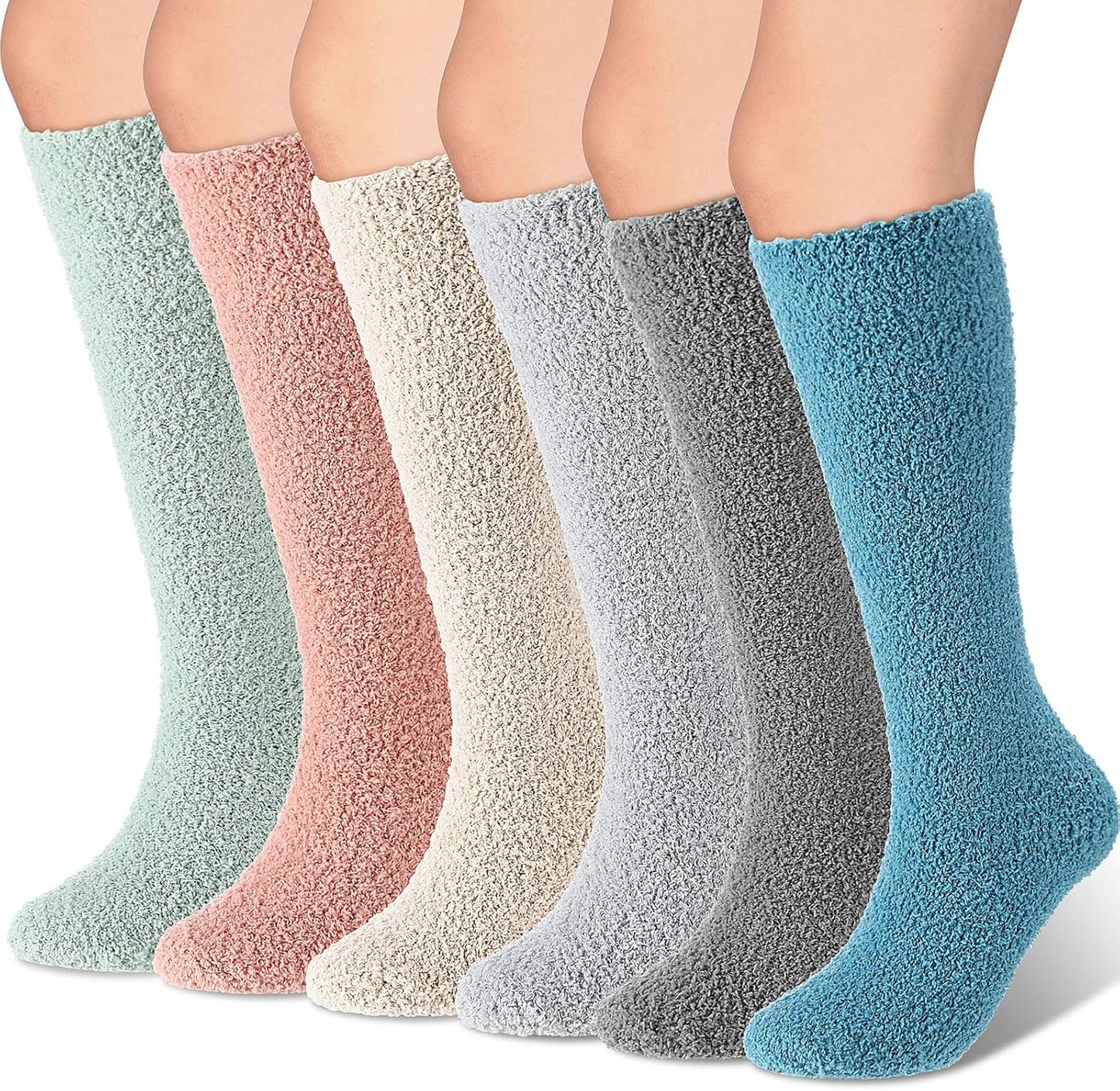 6 Pairs Knee High Cozy Fuzzy Socks for Women Soft Warm Long Pl