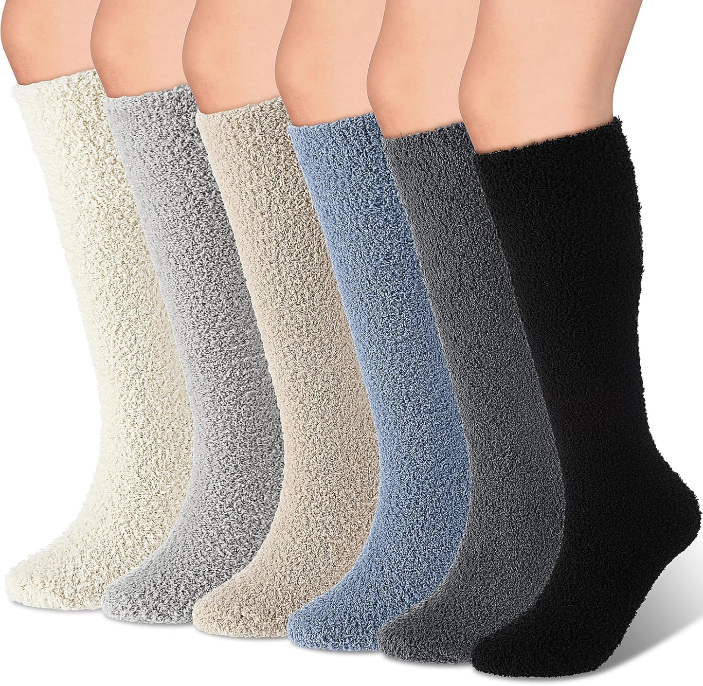 6 Pairs Knee High Cozy Fuzzy Socks for Women Soft Warm Long Pl