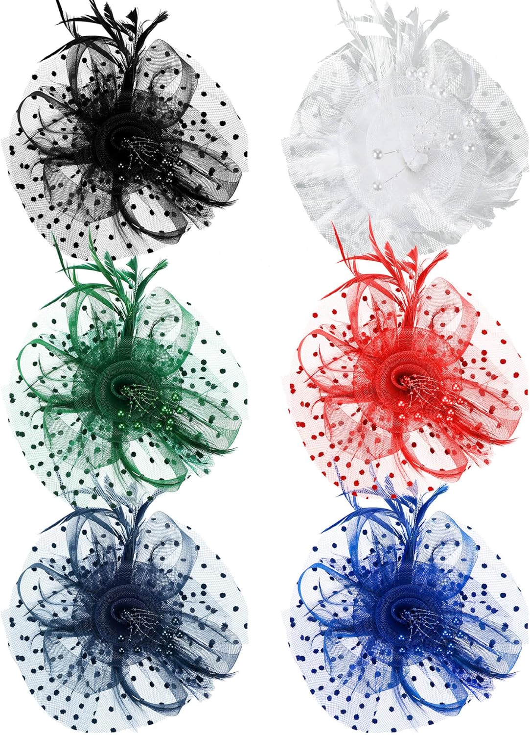 A364  - 6 Pcs Fascinators Hat Tea Party Headwear Mesh Ribbons Feather on a Headband and a Clip Derby Flower Hat for Girl Women