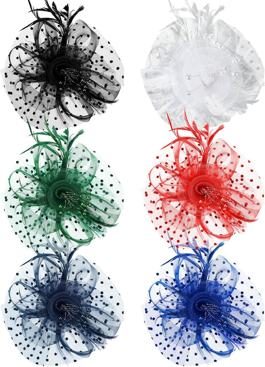 A364  - 6 Pcs Fascinators Hat Tea Party Headwear Mesh Ribbons Feather on a Headband and a Clip Derby Flower Hat for Girl Women