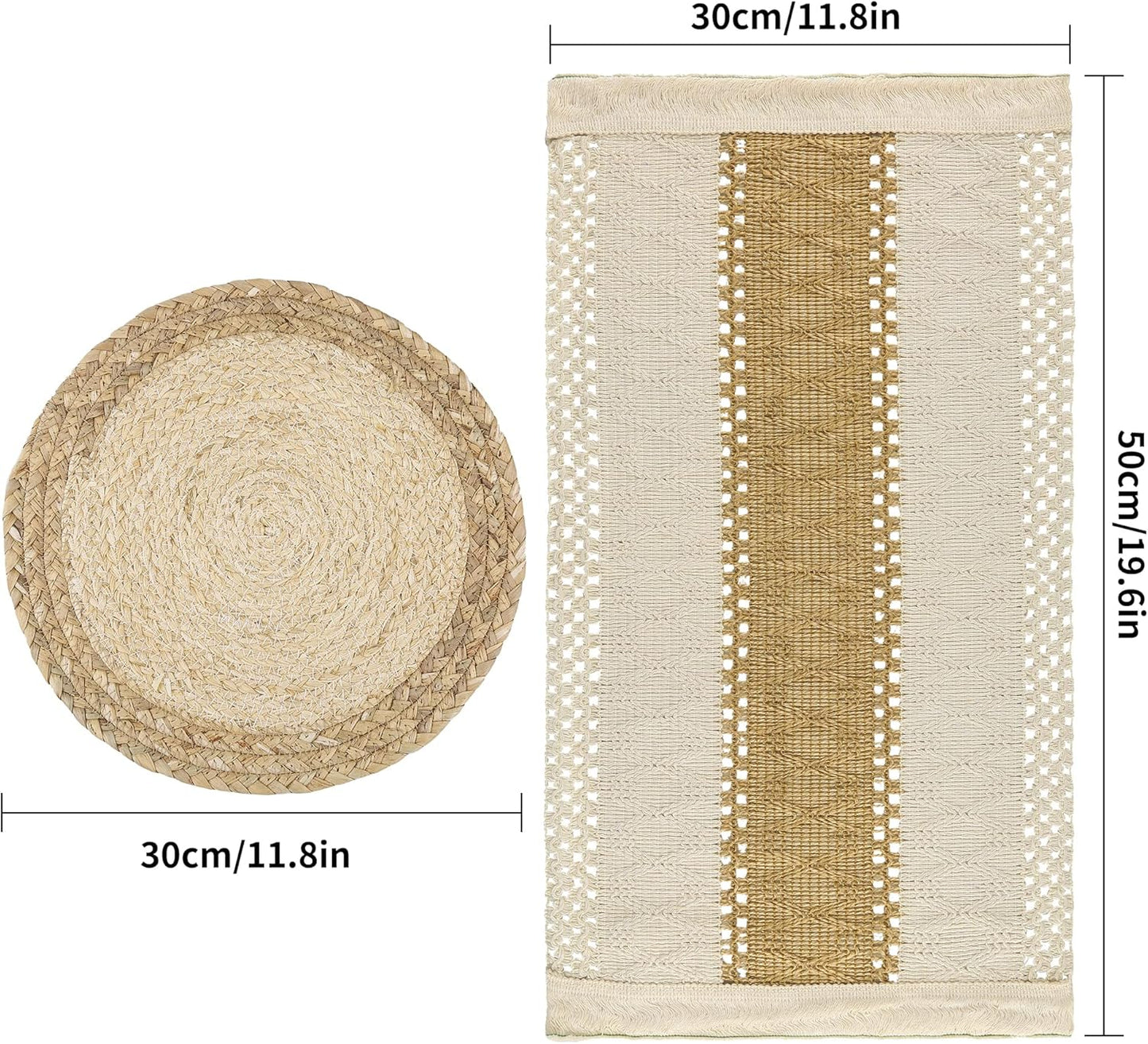 Handmade Boho Placemats Set of 6 - Natural Cotton Burlap and Water Straw Woven Combination Table Mats, Macrame Décor and Farmhouse Style Placemats, for Dining Table Kitchen