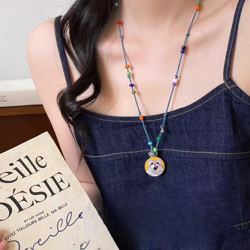 A301  Fashion Dopamine Beaded Cat Necklace, Personality Sweet Style All-Match Choker Jewelry