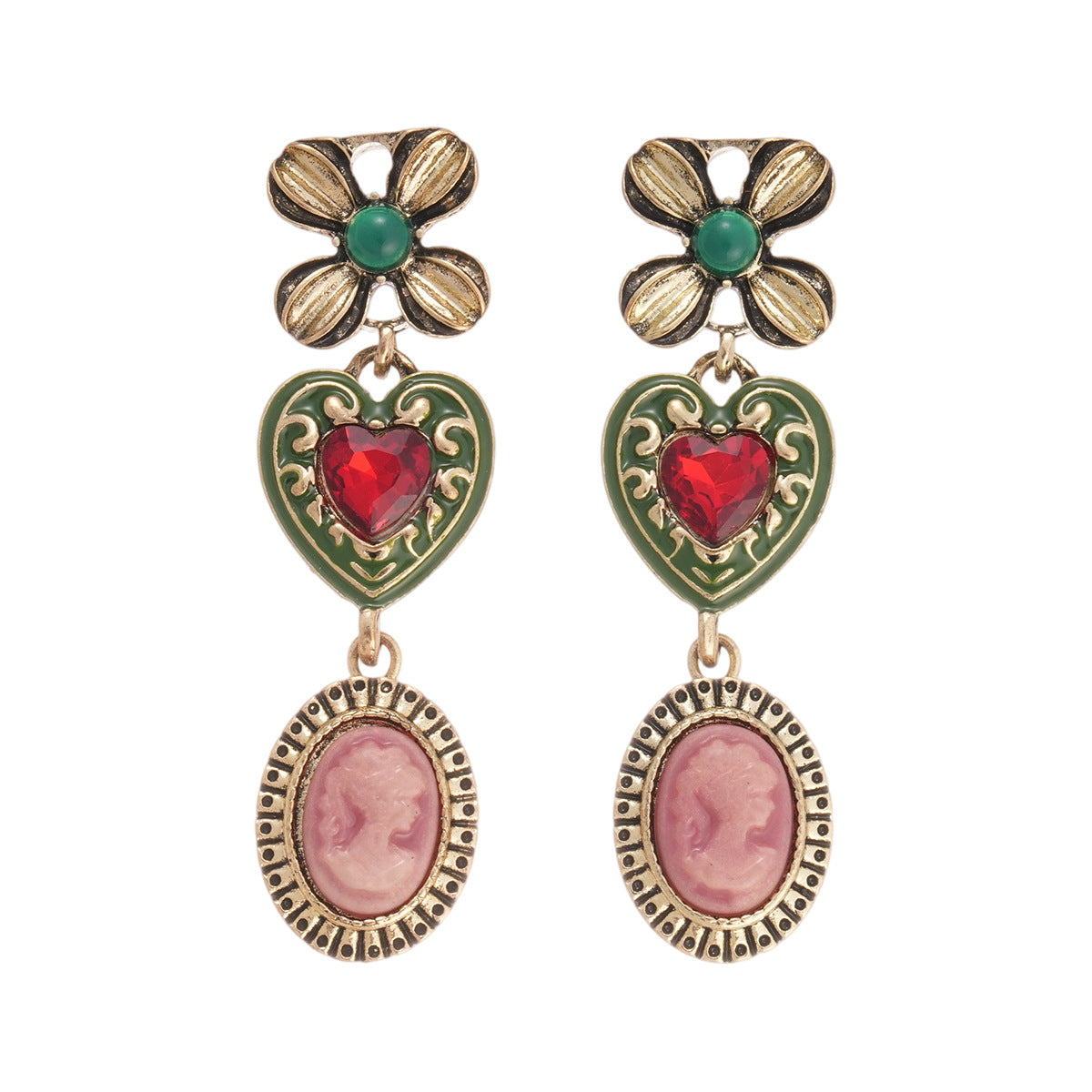 A206   Court Style Vintage Portrait Heart Earrings, Rhinestone Flower Luxury High-Grade Unique Earrings