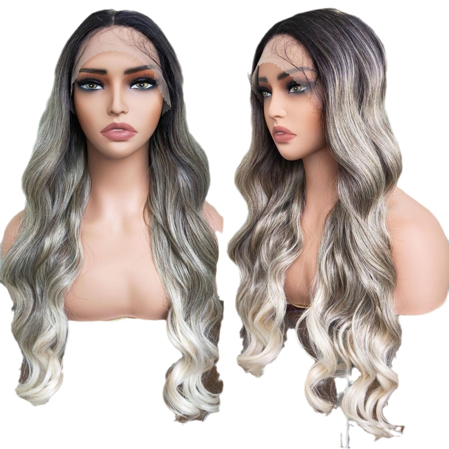 A224  New 13x4 Lace Front Body Wave Wig, Smoky Grey Ombre Natural Realistic Wig for Women
