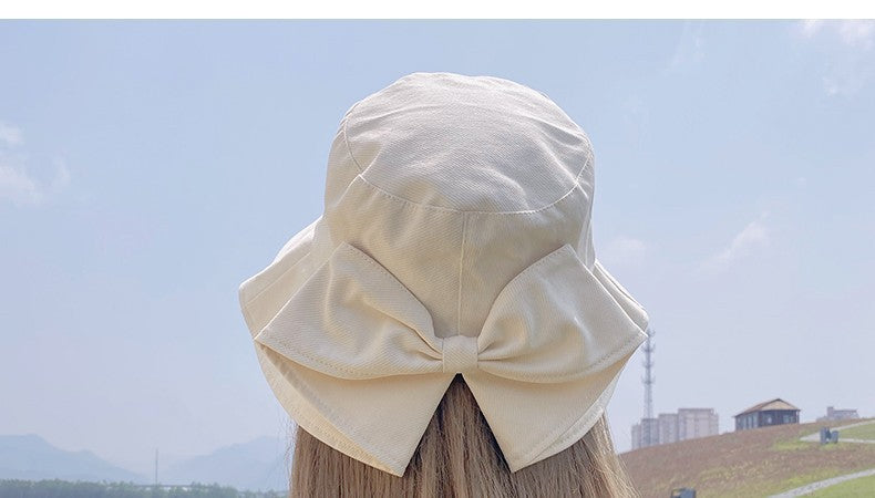 Women Bow Bucket Sun Hat, Japanese Style Large Brim UV Protection Casual Summer Fisherman Hat