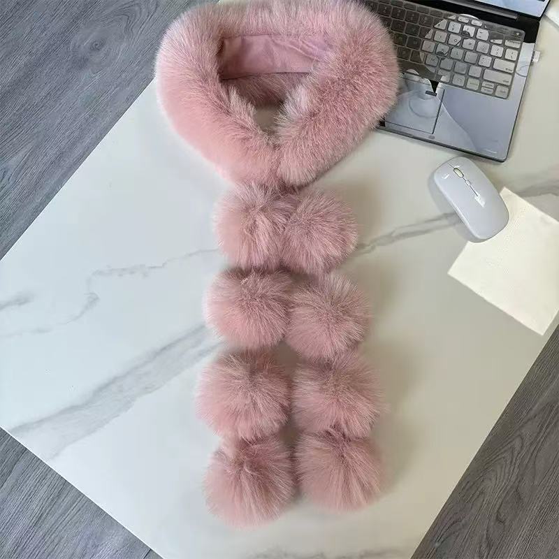 A178  Winter Double-sided Plush Neck Warmer, Faux Fox Fur Magnetic Scarf, Fashion Pom Pom Faux Fur Shawl