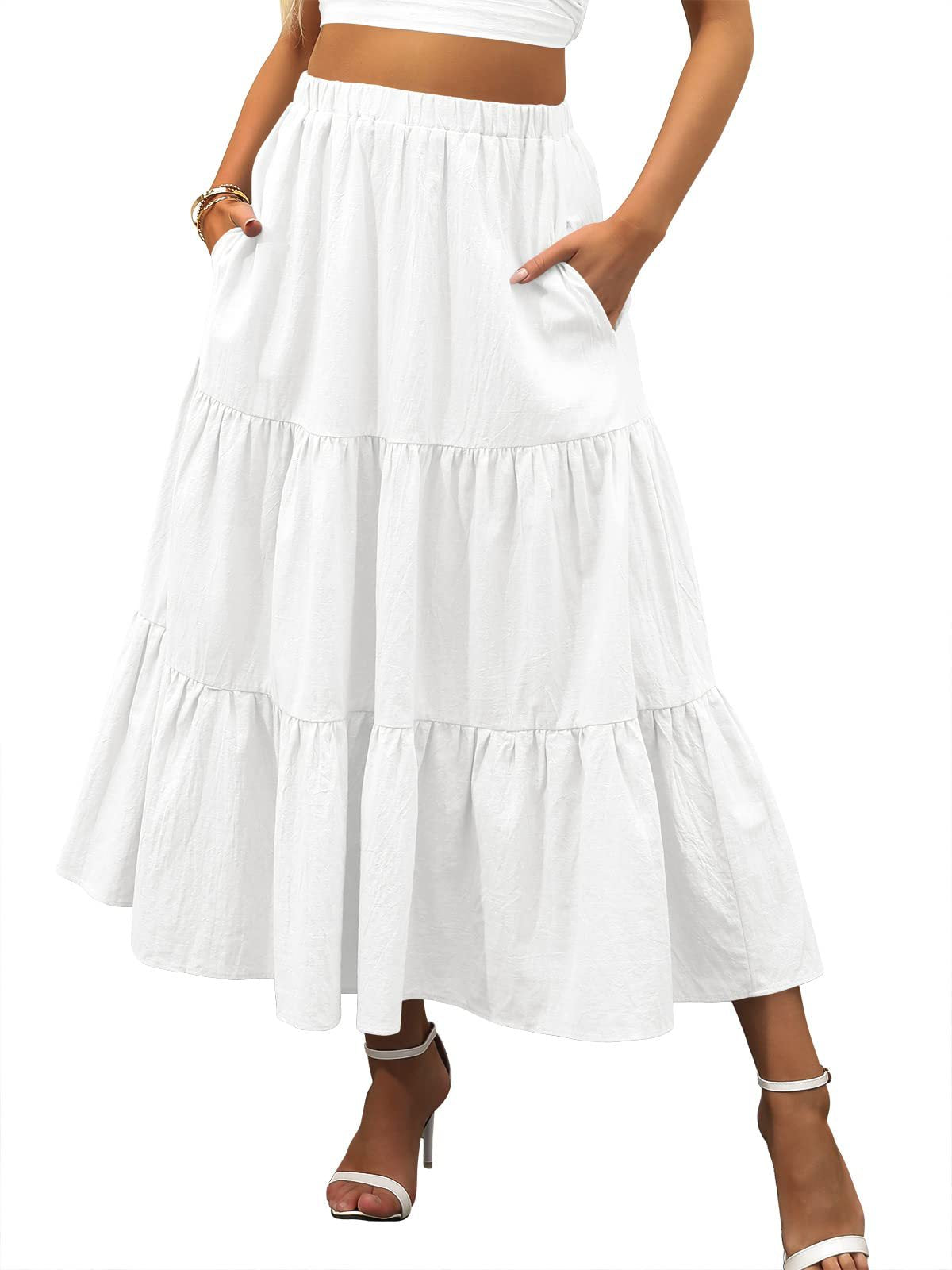 A367  Women's Summer Bohemian Pleated A-Line Flowy Layered Skirt with Pockets