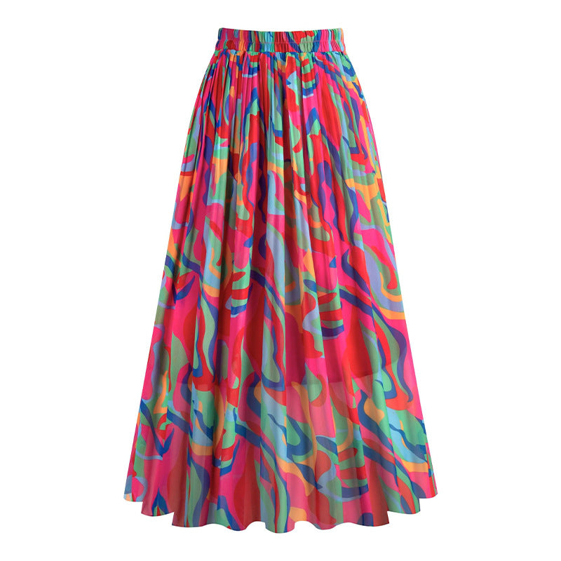 A369   Fashion Printed Chiffon Midi Skirt Women Elastic Waist Pleated Swing Skirt Elegant Lady Casual Wear