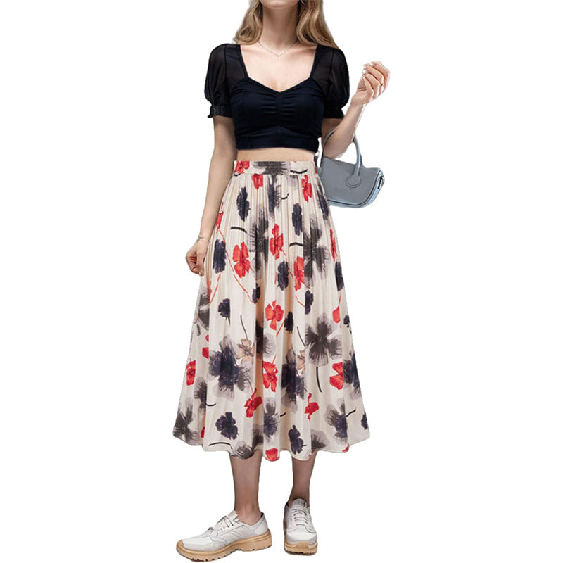 A369   Fashion Printed Chiffon Midi Skirt Women Elastic Waist Pleated Swing Skirt Elegant Lady Casual Wear