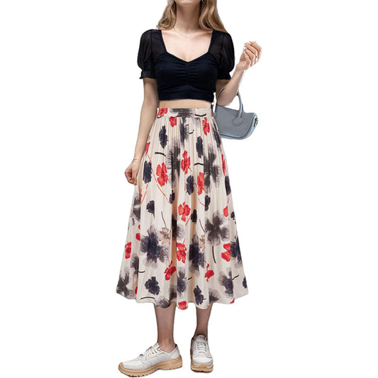 A369   Fashion Printed Chiffon Midi Skirt Women Elastic Waist Pleated Swing Skirt Elegant Lady Casual Wear