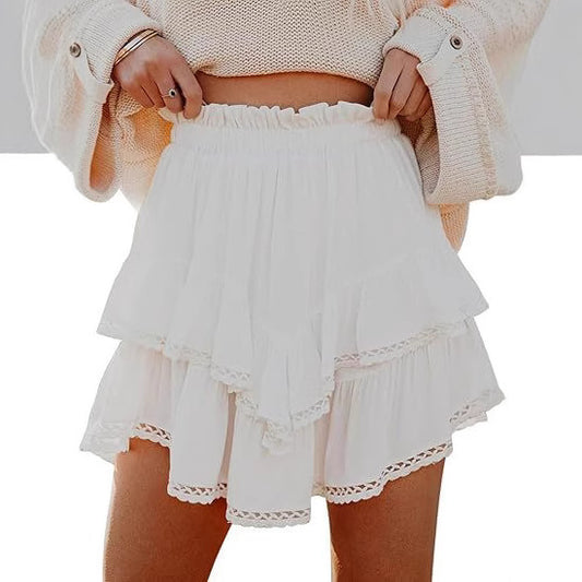 A360  Women Flowy Casual Boho Shorts High Waist Mini Skirt Ruffled Layered Hem Crochet Skort For Golf Tennis Sports