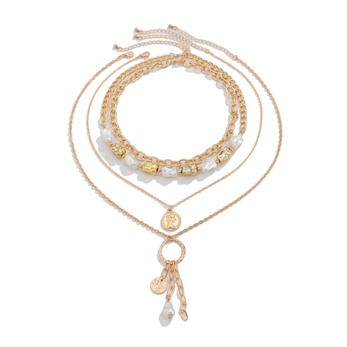 A175  Baroque Faux Pearl Layered Necklace, Vintage Punk Portrait Pendant, Fashion Jewelry for Women