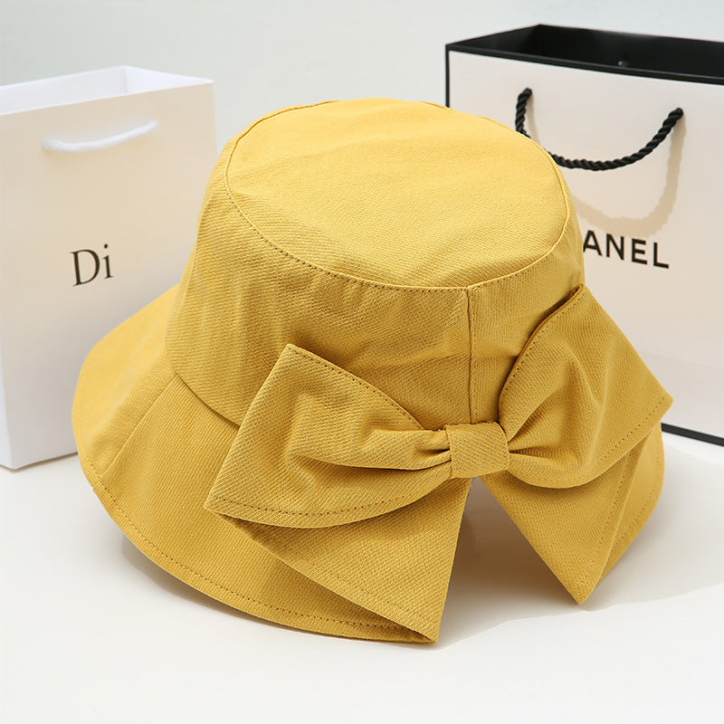 Women Bow Bucket Sun Hat, Japanese Style Large Brim UV Protection Casual Summer Fisherman Hat