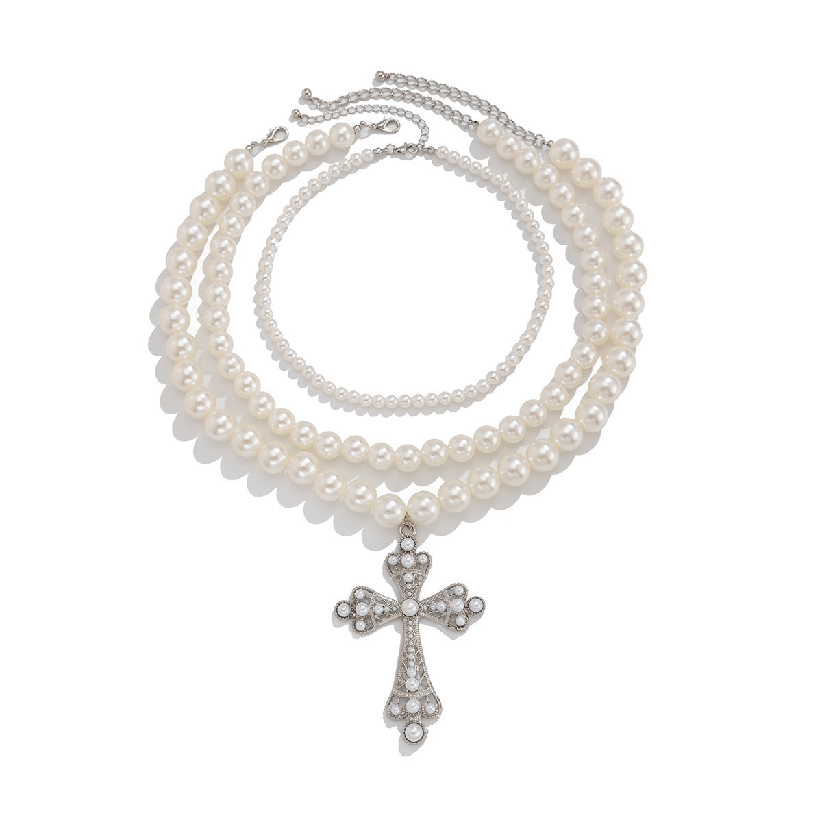 A177  Punk Pearl Cross Necklace Set, Beaded Layered Clavicle Chain Jewelry for Women