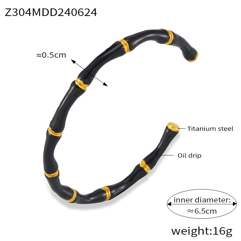 Dopamine Dressing Simple Versatile Jewelry, Enamel Weight Design Bamboo Shape Titanium Steel Open Cuff Bangle