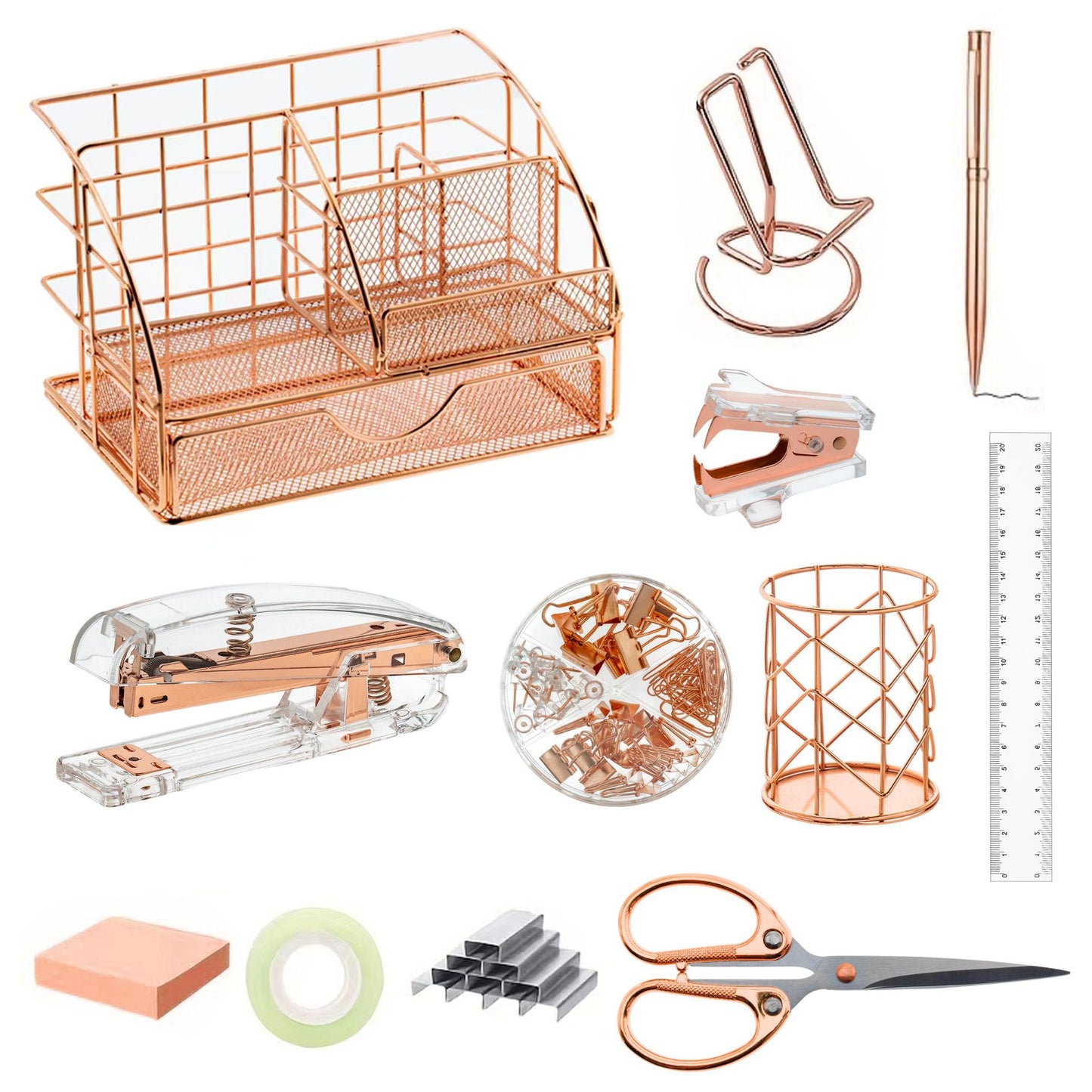 Rose Gold and Gold-Plated Office Desk Accessory Set, including an acrylic stapler set, staple remover, tape dispenser, 2 ballpoint pens, scissors, file folder, paper clips, staples, and storage box.