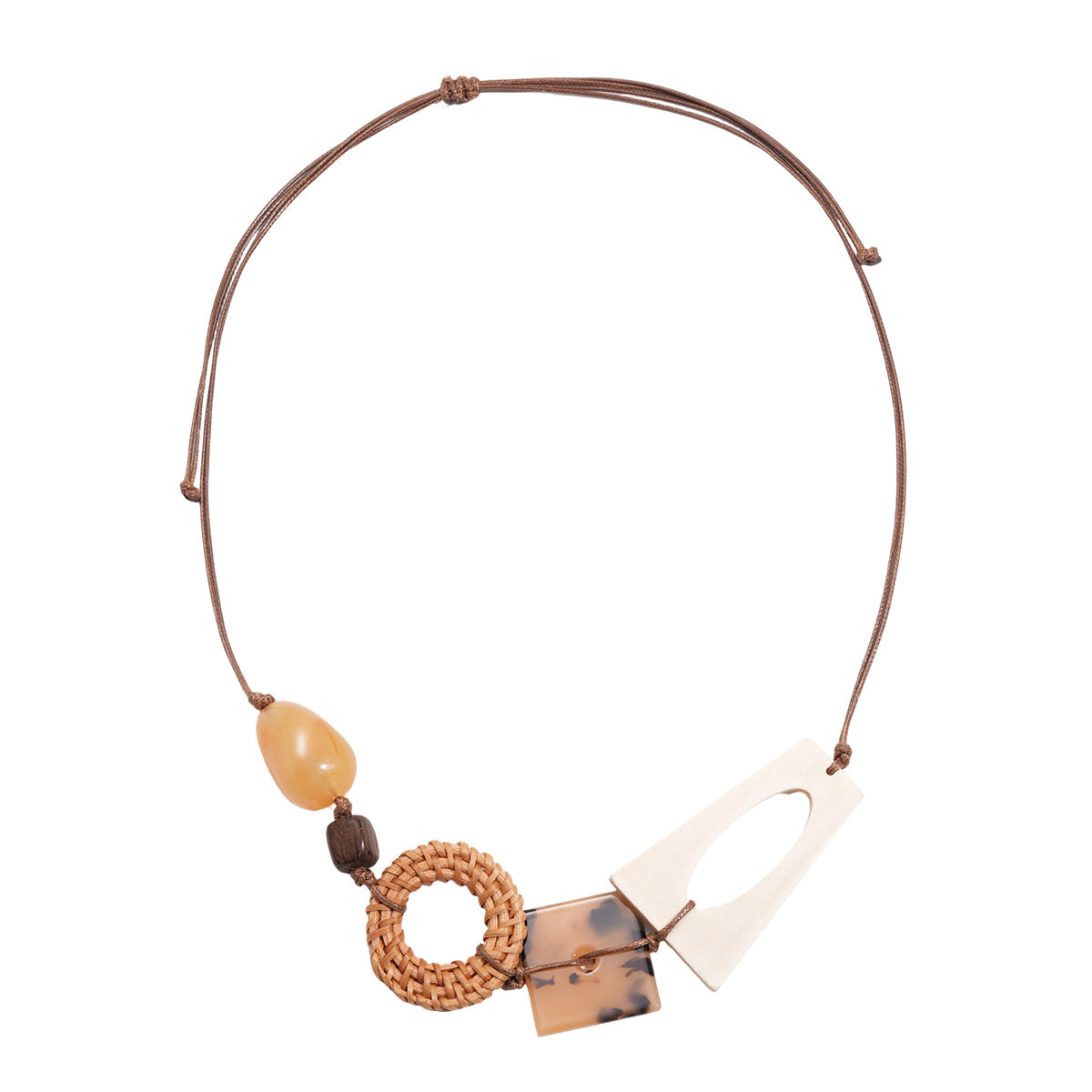 A192  Vintage Ethnic Wooden Resin Rattan Woven Pendant Sweater Necklace, Square Round Elegant Necklace for Women
