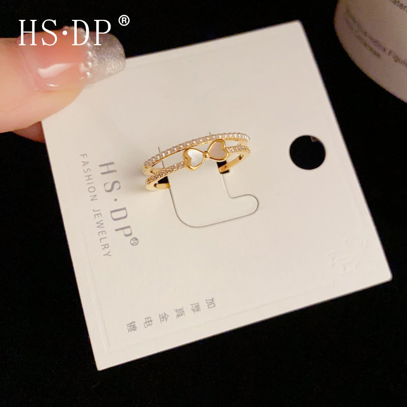 A153  Light Luxury Double Layer Pearl Zircon Bow Ring, Korean Senior Sense Adjustable Open Ring