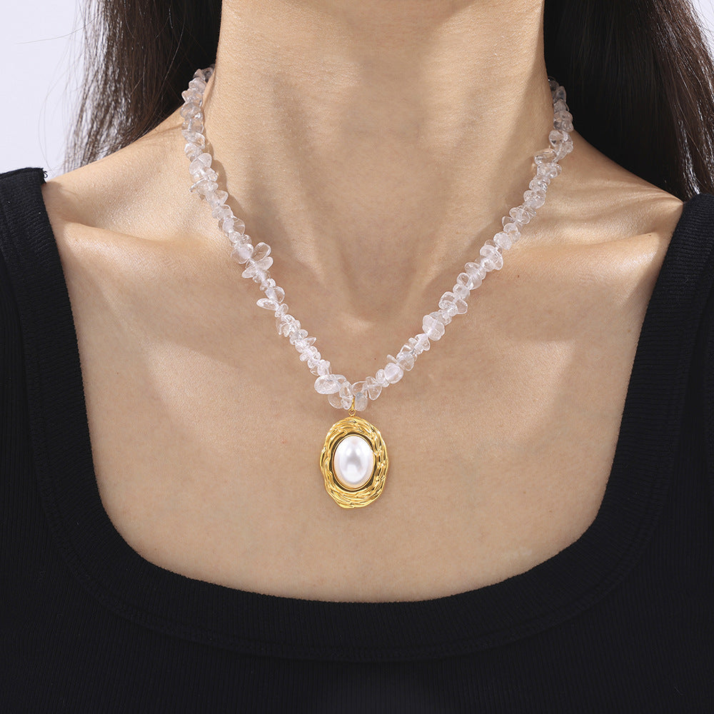 Light Luxury French Shell Bead Round Pendant Necklace, Crystal Beaded Design Titanium Steel Jewelry, Elegant All-match Clavicle Chain