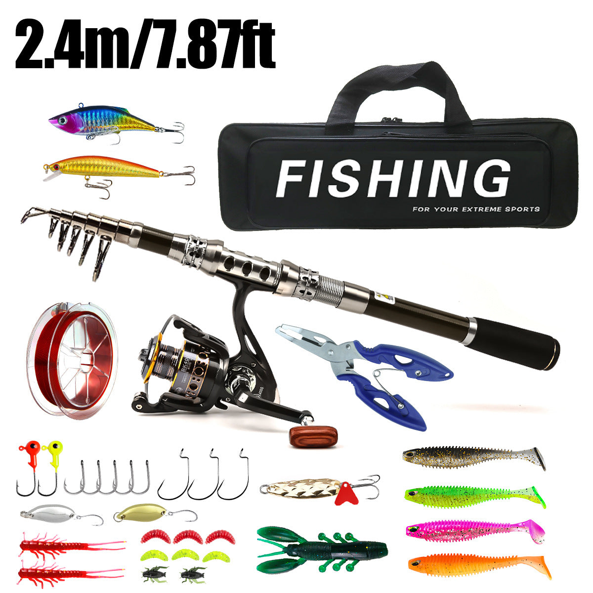 F349  Carbon Fiber Telescopic Fishing Rod and Reel Combo Portable Travel Fishing Kit for Saltwater Freshwater