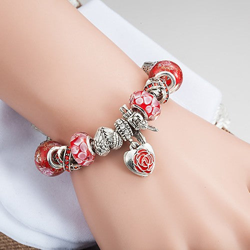 Red Glass Bead Bracelet Angel Heart-Shaped Large-Hole Alloy Bead Bracelet