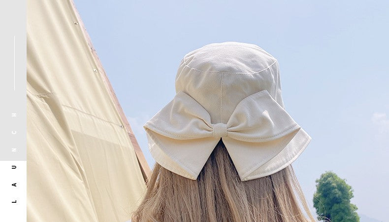 Women Bow Bucket Sun Hat, Japanese Style Large Brim UV Protection Casual Summer Fisherman Hat