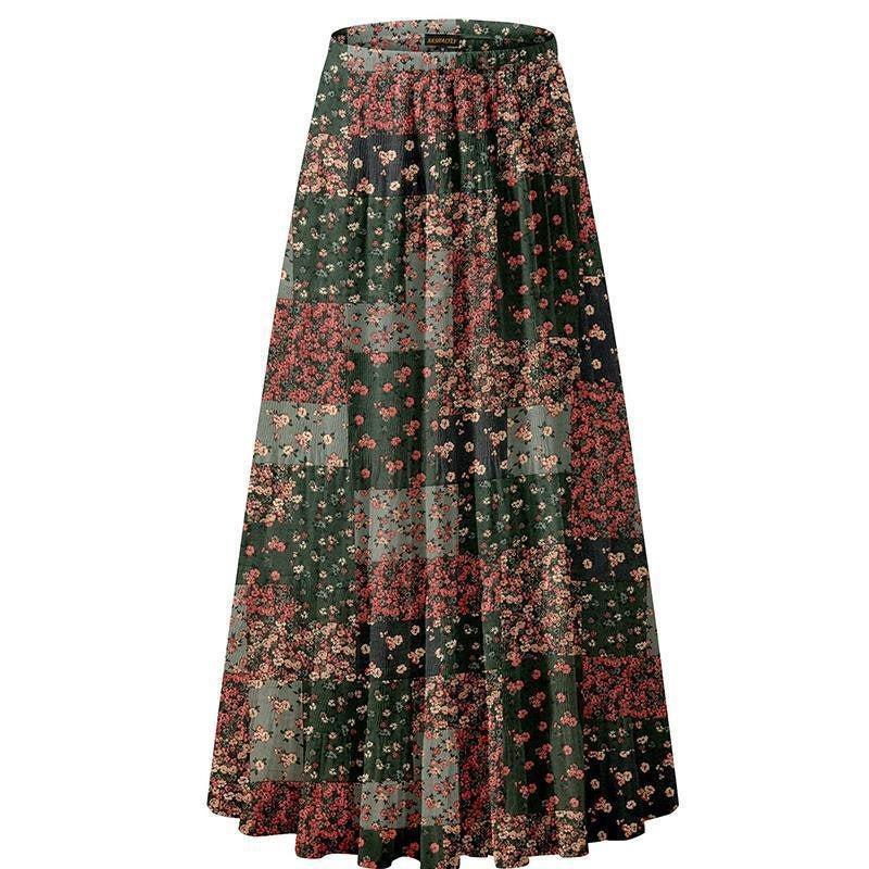 Women Floral Print Chiffon Maxi Skirt, Elastic High Waist Pleated A-Line Flared Long Skirt