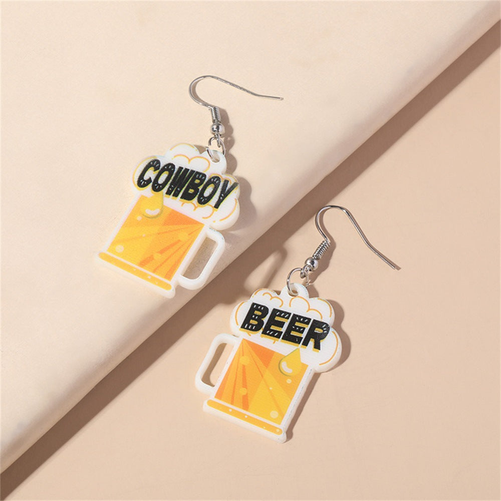 Western Cowboy Beer Mug Earrings, Eco-Friendly Acrylic New Personality Earrings