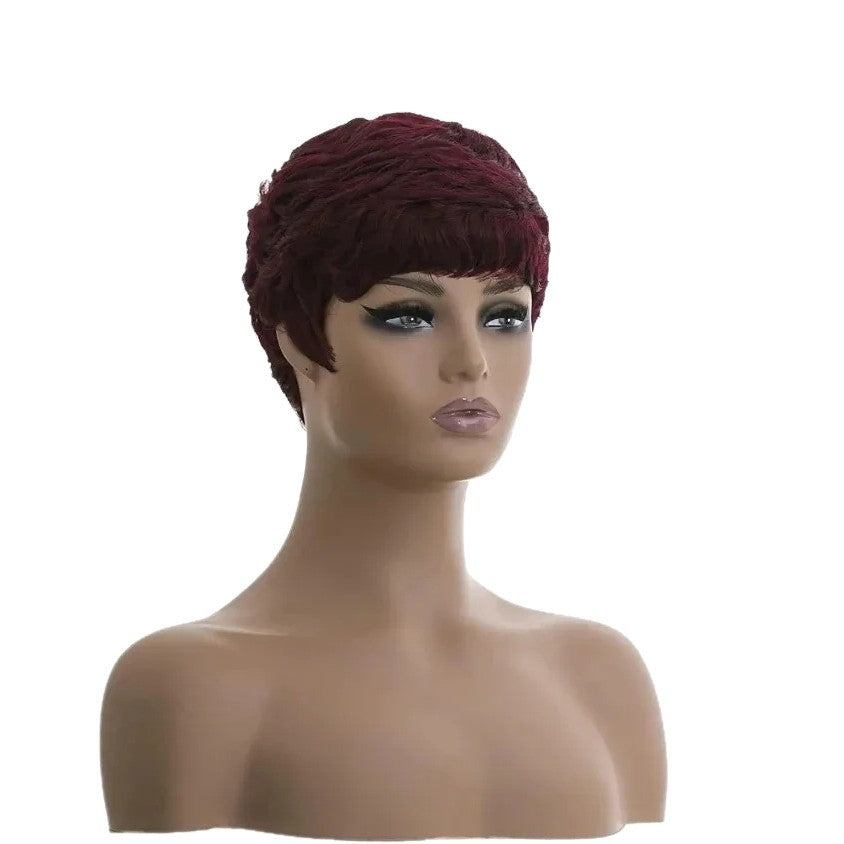 A232  Women Wine Red Short Curly Wig with Side Bangs, New Rose Net Synthetic Fashion Wig