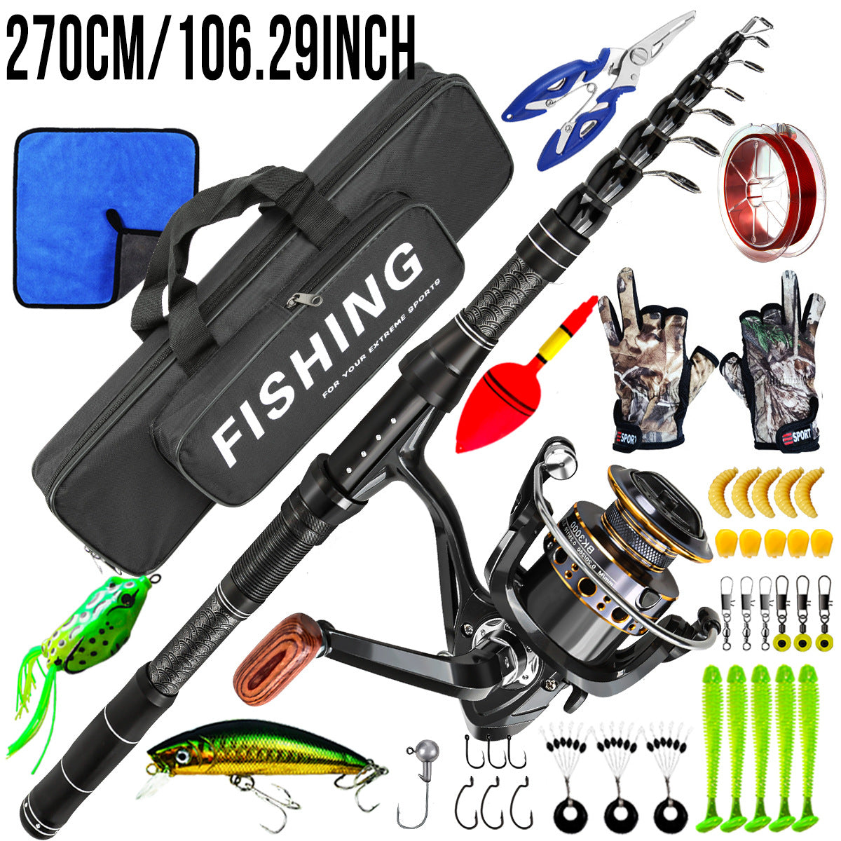 F353  Complete Fishing Tackle Set Carbon Fiber Spinning Rod Reel Combo with Full Accessories for Sea Fishing