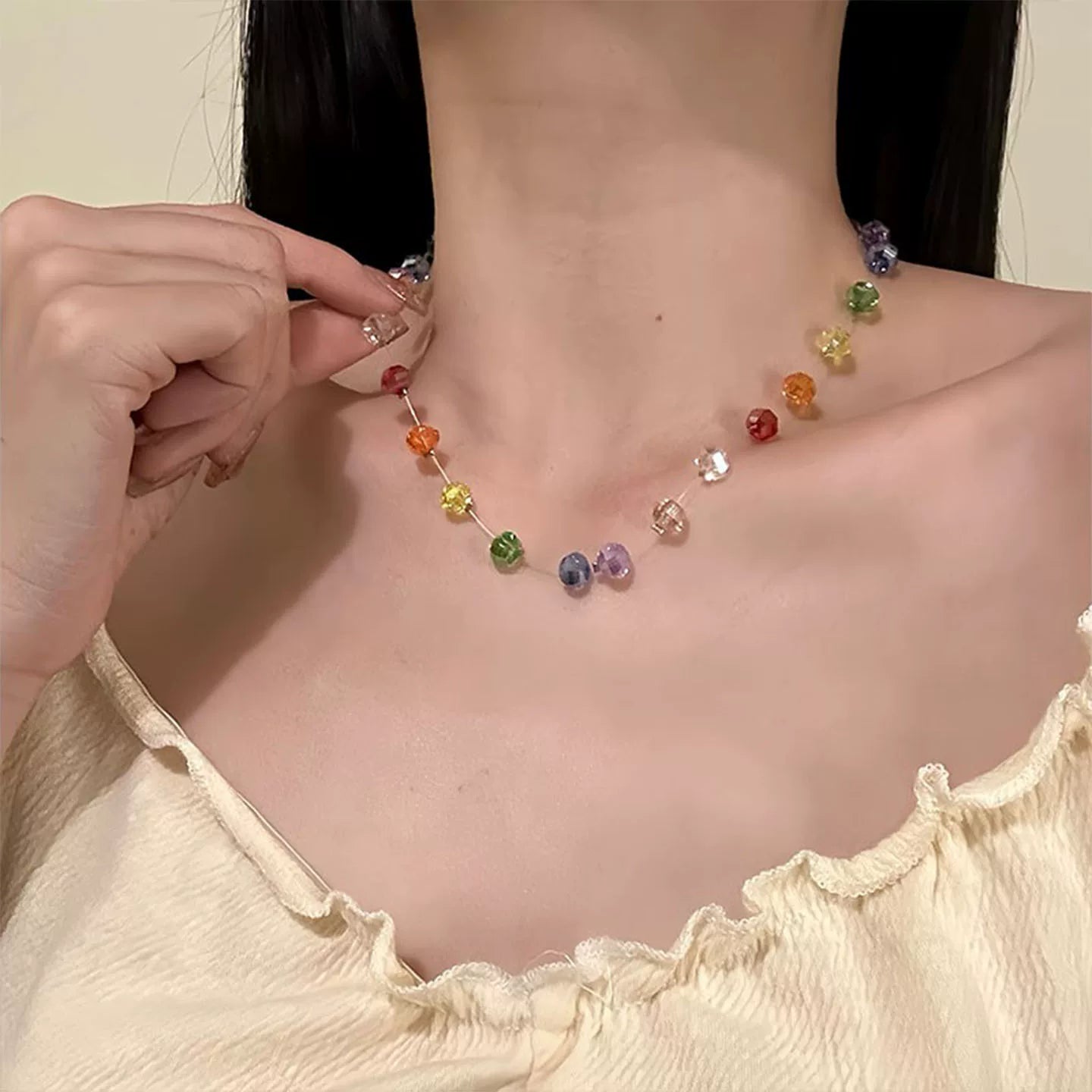 A289  【Sweet Summer Fantasy】Dopamine-Hued Crystal Bead Necklace: Designer Collar Chain Accessory