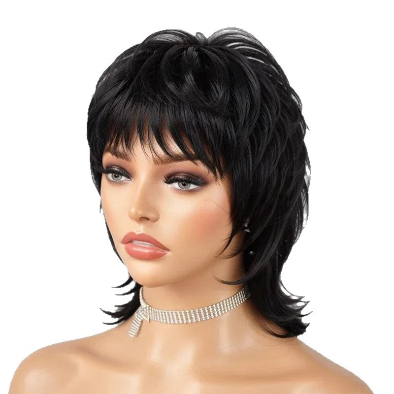 A280  ayered Shag Black Wig, Short Wolf Tail Mullet Style, African Style Daily Synthetic Wig for Women