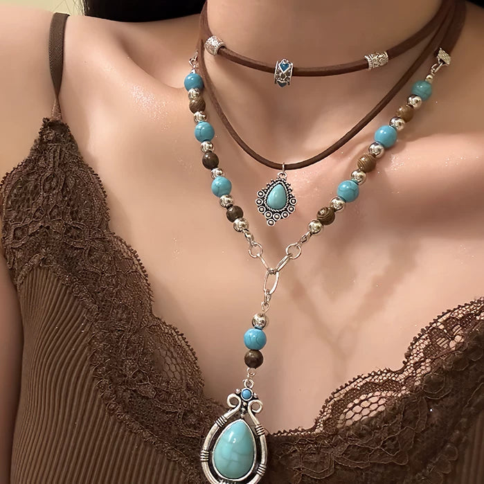 A287  Eye-Catching Turquoise Boho Ethnic Necklace, Designer Multi-Layer Stacked Clavicle Chain