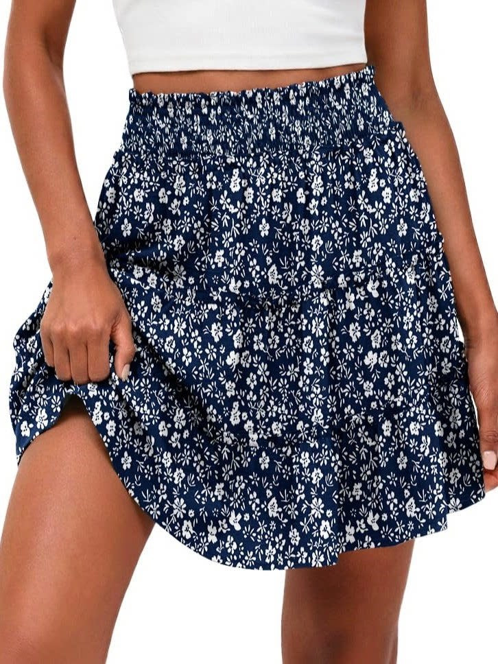 A368  Bohemian Tiered Ruffle Skirt For Women Elastic High Waist Flowy Swing Maxi Skirt Casual Vacation Wear